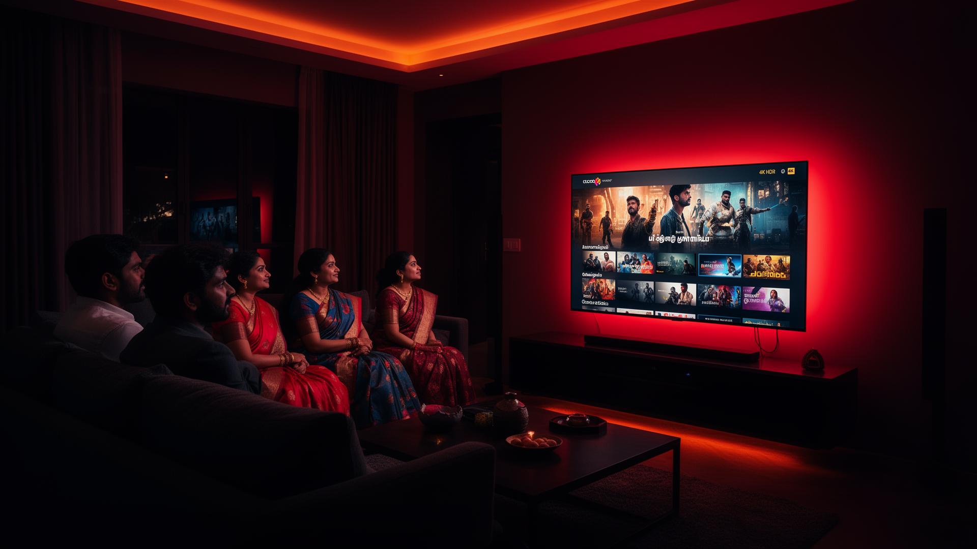 Tamil family enjoying premium HD cable TV entertainment in Madurai